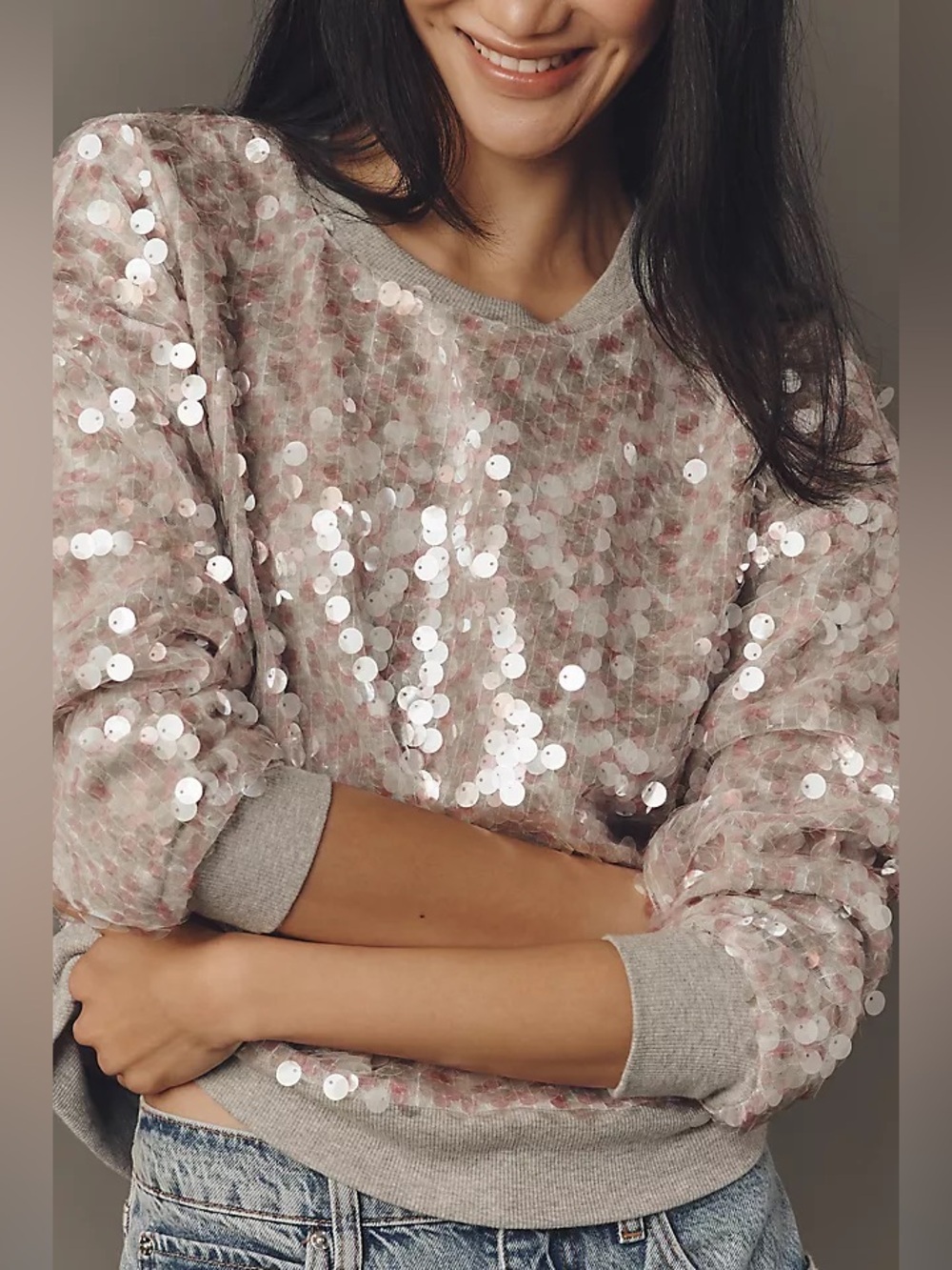 NWT new small Anthropologie Maeve long sleeve sequin sweatshirt gray pink clear